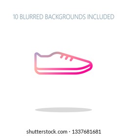 Shoe or sneaker, outline linear icon of sport. Colorful logo concept with simple shadow on white. 10 different blurred backgrounds included