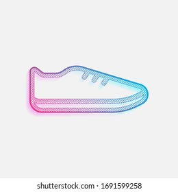 Zapatos o zapatillas, contorno icono lineal del deporte. Logo coloreado con líneas diagonales y degradado azul-rojo. Gráfico neón, efecto ligero