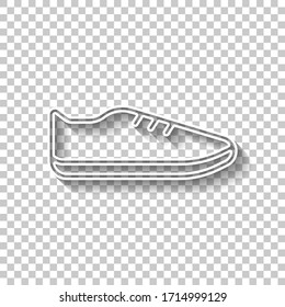 Shoe or sneaker, outline linear icon of sport. White outline sign with shadow on transparent background
