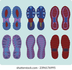 Shoe sole design pattern set vector for footwear, Sneaker, Boots, sandals, chukkas, slippers and flip flop. Shoe footprint silhouettes for sports shoes, running shoe, hiking boots and  tracking shoes