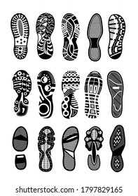 Shoe sole. Foot print tread, boots, sneakers, trekking or running shoe illustration. Human footprint silhouette icon set isolated on white background. Vector footwear trace collection. Step imprint