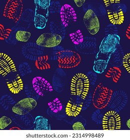 Shoe sole marks on blue background, seamless pattern. Vector illustration