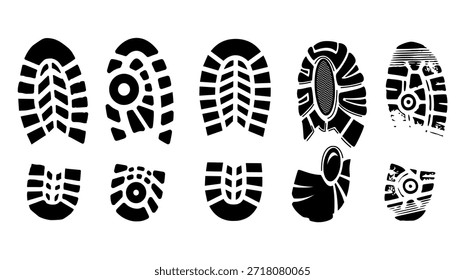 Shoe sole print icon set in vector silhouette style showing tread patterns for footwear, forensic, and EPS design templates.