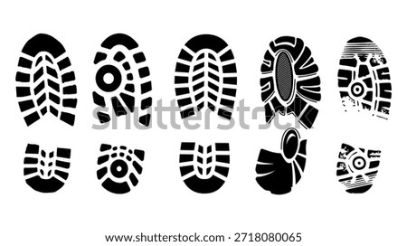 Shoe sole print icon set in vector silhouette style showing tread patterns for footwear, forensic, and EPS design templates.