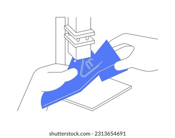 Shoe stamping abstract concept vector illustration. Professional shoemaker applying label to shoe, boot leather stamping, light industry, footwear production, sneakers branding abstract metaphor.