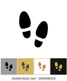 Shoe step print icon, shoes footstep sign or shoeprint symbol on gold, black and white backgrounds vector illustration