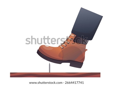 Shoe stepping on sharp nail sticking out of board. Harmful accident. Unexpected injury. Metal spike at footwear sole. Pierce foot boot. Careless inconsiderate walking. Painful trauma. Vector concept