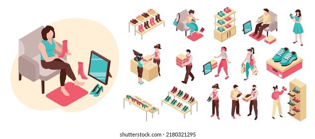 Tienda de zapatos gran conjunto isométrico con elementos interiores ayudantes de tienda y personas tratando con botas haciendo compras aisladas en fondo blanco Ilustración vectorial 3d