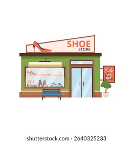 Shoe store building. Elegant facade of footwear shop with display windows showcasing various shoes. Isolated flat illustration on white for apps, web design, fashion retail and boutique themes.