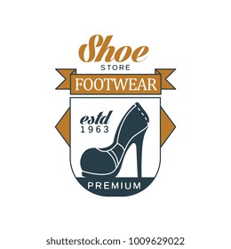 Shoe store, footwear, estd 1963 vintage badge for shoemaker, shoe shop and shoes repair vector Illustration