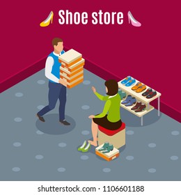 Shoe store isometric background with woman during choice of goods, seller with boxes vector illustration