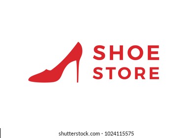 Shoe store label. Red shoe on hill icon. Shop signboard