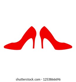 Shoe store label. Red shoe on hill icon. Shop signboard