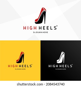 Shoe store label. Red shoe on hill icon. Shop signboard