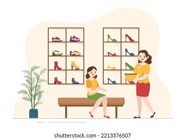 Shoe Store with New Collection Men or Women Various Models or Colors of Sneakers and High Heels in Flat Cartoon Hand Drawn Templates Illustration