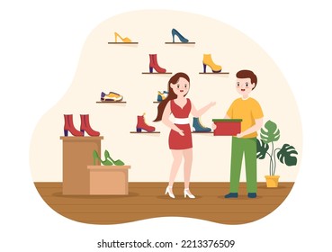 Shoe Store with New Collection Men or Women Various Models or Colors of Sneakers and High Heels in Flat Cartoon Hand Drawn Templates Illustration