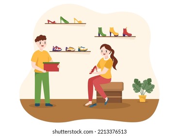 Shoe Store with New Collection Men or Women Various Models or Colors of Sneakers and High Heels in Flat Cartoon Hand Drawn Templates Illustration