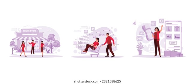 A shoe store with a salesperson and two female customers. Young couple shopping and girlfriend on a trolley. Young girl shopping do marketplace. Trend Modern vector flat illustration.