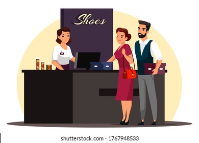 Shoe store scene. Man and woman chose new shoes. Couple holds boxes, stands at checkout counter, pays for their purchases at cashier. Design interior modern shop. Vector character illustration