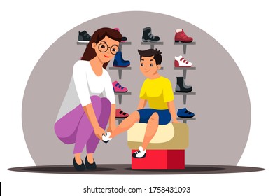 Shoe store scene. Mom chooses new boots or sneakers for her son. Child trying on shoes in department with children assortment of goods. Design interior modern shop. Vector character illustration