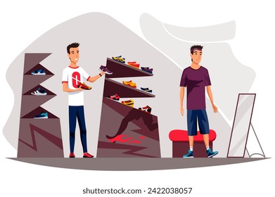 Shoe store scene. Young guy chooses new pair of running sneakers in department of sports shoes. Male consultant helps buyer with purchase. Design interior modern shop