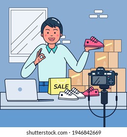 A shoe store sells shoes through an online channel with a live broadcast. To reach customers who like shoes quickly and all over the world. flat vector illustration design