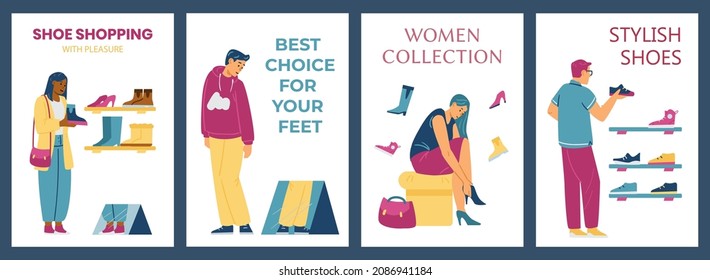 Shoe store. Set of vector illustrations of buyers men and women choosing shoes in store. Character design.
