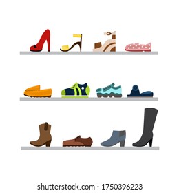 
Shoe store. Shoes are on the shelves. Seth shoe. Isolate. Vector illustration.