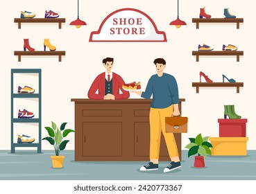 Ilustración de vectores de tienda de zapatos con nueva colección Hombres o Mujeres Diversos modelos o colores de zapatillas y tacones altos en fondo de caricatura plana