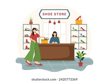 Shoe Store Vector Illustration with New Collection Men or Women Various Models or Colors of Sneakers and High Heels in Flat Cartoon Background