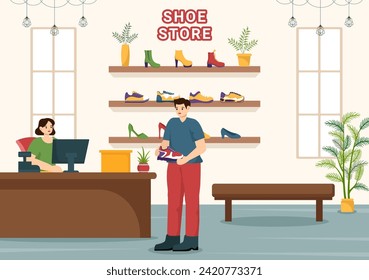 Shoe Store Vector Illustration with New Collection Men or Women Various Models or Colors of Sneakers and High Heels in Flat Cartoon Background