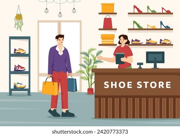 Shoe Store Vector Illustration with New Collection Men or Women Various Models or Colors of Sneakers and High Heels in Flat Cartoon Background