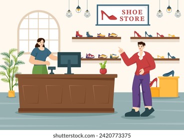 Shoe Store Vector Illustration with New Collection Men or Women Various Models or Colors of Sneakers and High Heels in Flat Cartoon Background