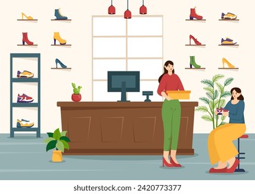 Shoe Store Vector Illustration with New Collection Men or Women Various Models or Colors of Sneakers and High Heels in Flat Cartoon Background