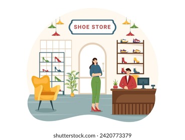 Shoe Store Vector Illustration with New Collection Men or Women Various Models or Colors of Sneakers and High Heels in Flat Cartoon Background