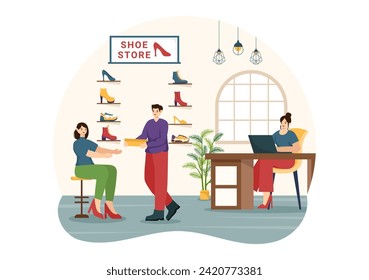 Shoe Store Vector Illustration with New Collection Men or Women Various Models or Colors of Sneakers and High Heels in Flat Cartoon Background