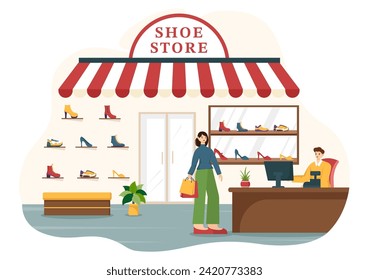 Shoe Store Vector Illustration with New Collection Men or Women Various Models or Colors of Sneakers and High Heels in Flat Cartoon Background