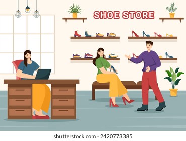 Shoe Store Vector Illustration with New Collection Men or Women Various Models or Colors of Sneakers and High Heels in Flat Cartoon Background