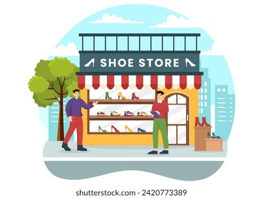 Shoe Store Vector Illustration with New Collection Men or Women Various Models or Colors of Sneakers and High Heels in Flat Cartoon Background