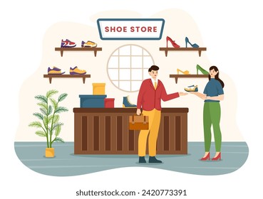 Shoe Store Vector Illustration with New Collection Men or Women Various Models or Colors of Sneakers and High Heels in Flat Cartoon Background