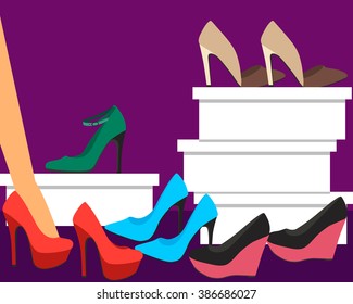 Shoe store. Woman chooses shoes. Vector illustration