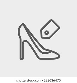 Shoe with tag icon thin line for web and mobile, modern minimalistic flat design. Vector dark grey icon on light grey background.