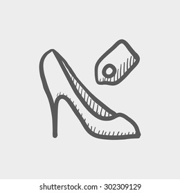 Shoe with tag sketch icon for web and mobile. Hand drawn vector dark grey icon on light grey background.