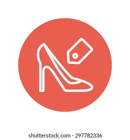 Shoe with tag thin line icon for web and mobile minimalistic flat design. Vector white icon inside the red circle.