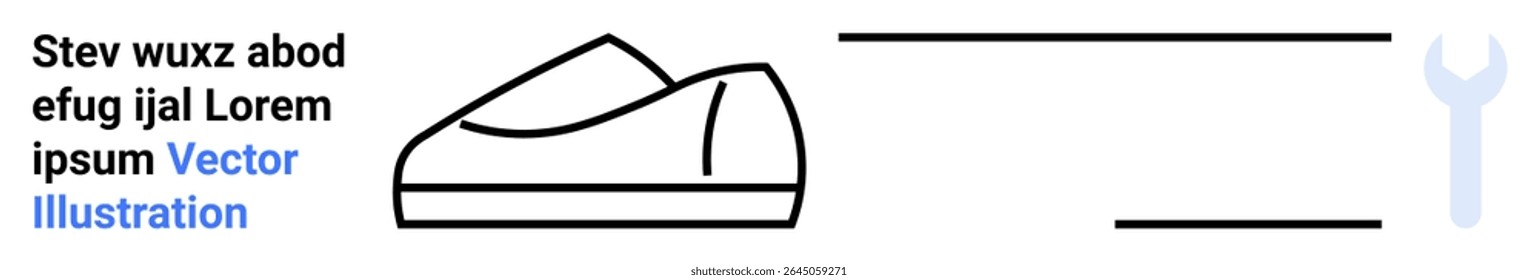 Shoe, tool, tight horizontal lines with placeholder text in Latin. Themes Ideal for shoe design, manufacturing, footwear, fashion, production workflow, technical support, creative process. Landing