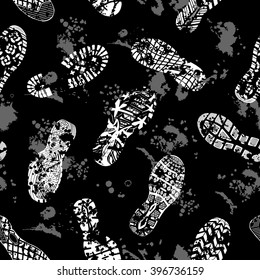 Shoe tracks grunge black seamless pattern - Illustration. Highly detailed footprints background
