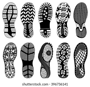 Shoe tracks - Illustration. Collection of highly detailed footprints:
shoes, sneakers, boots, slippers
