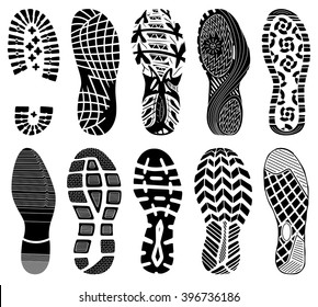 Shoe tracks - Illustration. Collection of highly detailed footprints:
shoes, sneakers, boots, slippers
