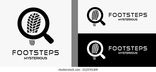 Shoe tread logo design template in silhouette and magnifying glass icon with creative and simple concept. premium vector logo illustration
