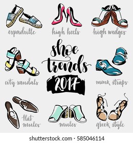 Shoe trends. Calligraphy hand written with names and graphic shoes drawn fashion poster.